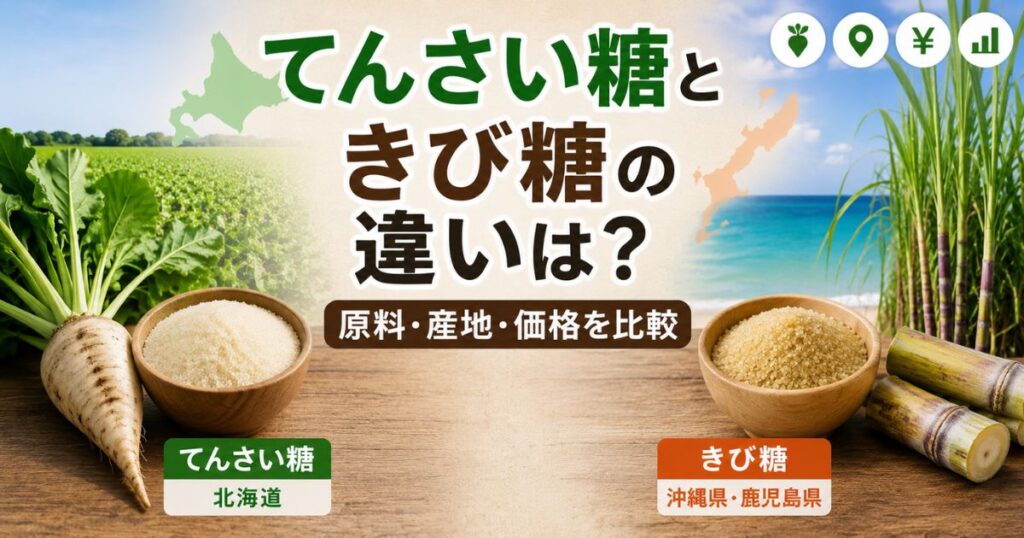てんさい糖ときび糖の原料や産地の違いを比較したイメージ