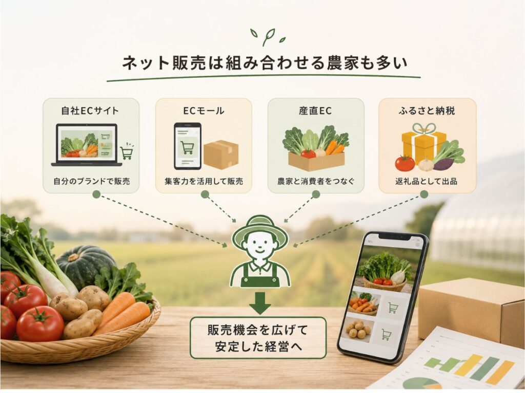 農家が自社EC・ECモール・産直EC・ふるさと納税を組み合わせて販売機会を広げるイメージ