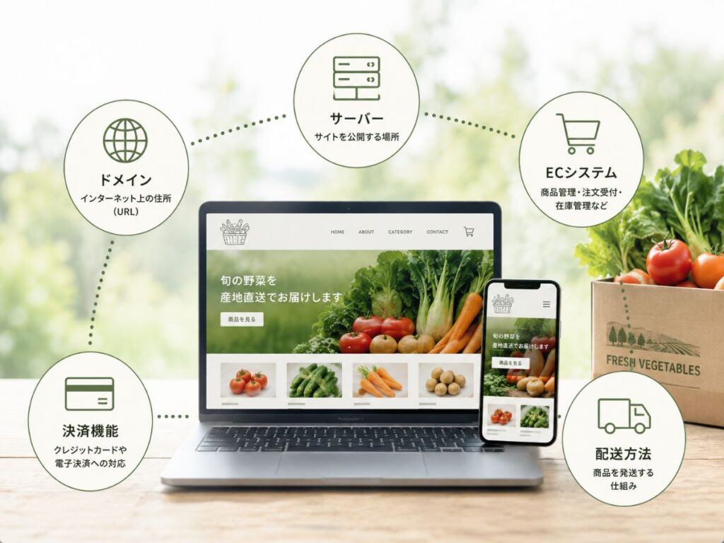 農家がECサイトを作るために必要なもの(ドメイン・サーバー・ECシステム・決済機能・配送方法)