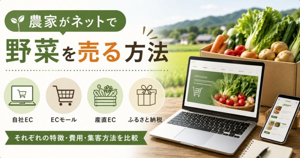 農家がネットで野菜を販売する方法（自社EC・ECモール・産直EC・ふるさと納税）の比較イメージ