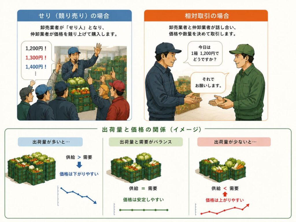 競り売りと相対取引の違い、出荷量と市場価格の関係をわかりやすくまとめた図
