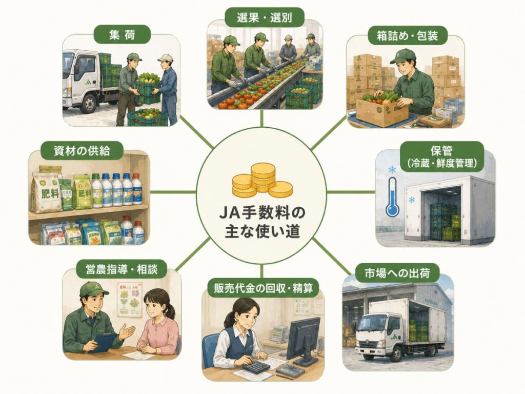JA出荷の手数料が集荷や選果、箱詰め、保管、市場出荷などに使われることをまとめた図
