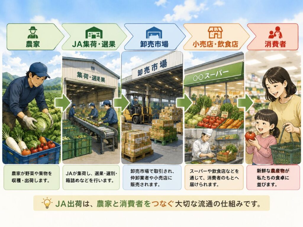 農家からJA、卸売市場、小売店・飲食店を経て消費者へ届くJA出荷の流通の流れ