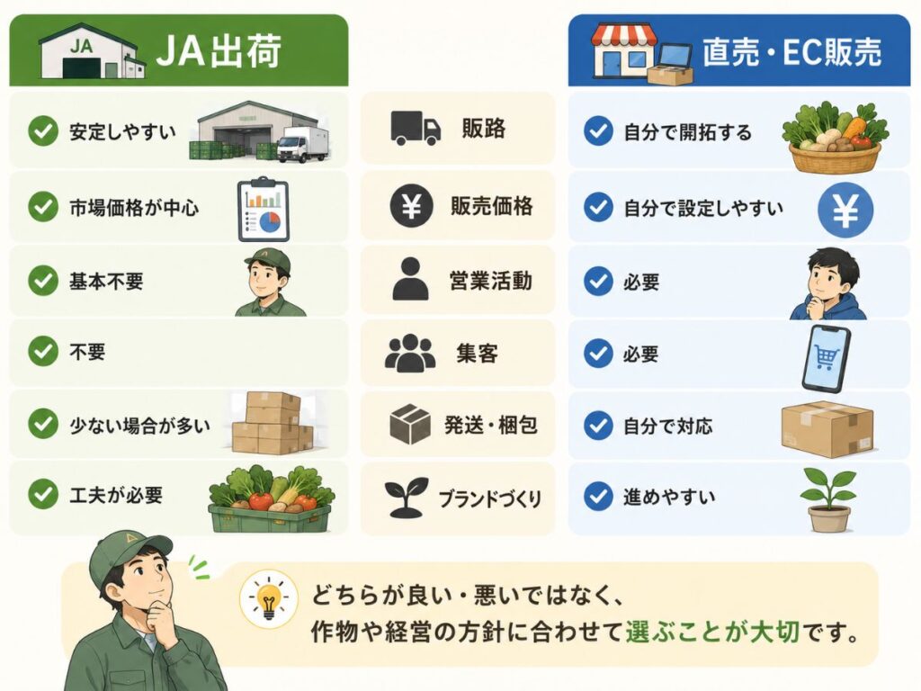 JA出荷と直売・EC販売の違いを販路や価格設定、営業活動、発送などの観点で比較した図