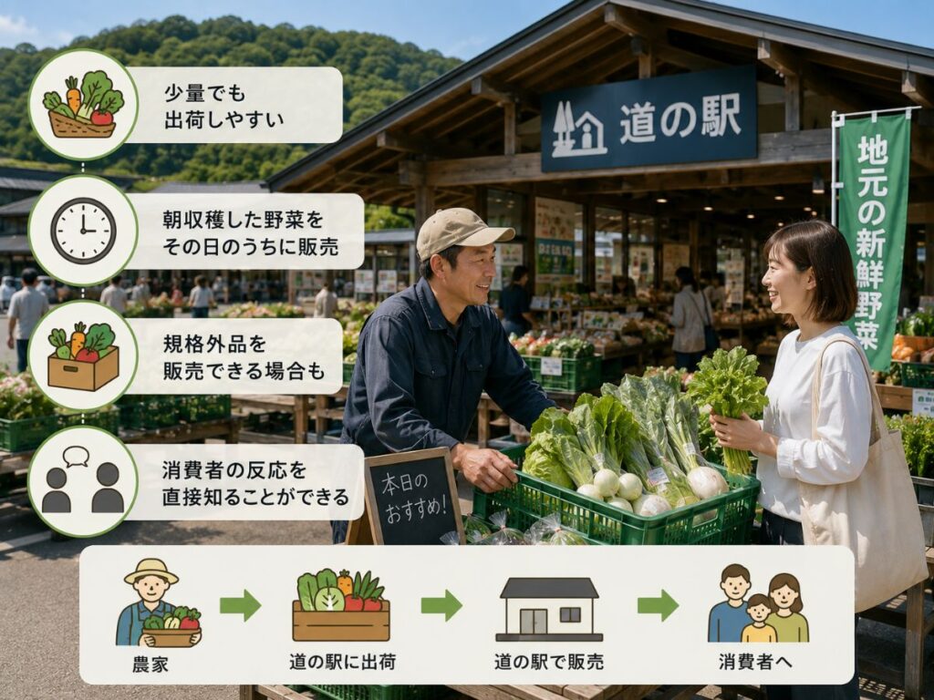 農家が道の駅へ出荷し消費者へ販売される流れと直売のメリットをまとめた図