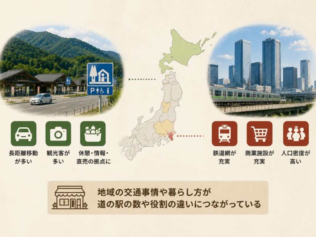 道の駅の数が地域によって異なる理由を北海道と都市部で比較した図