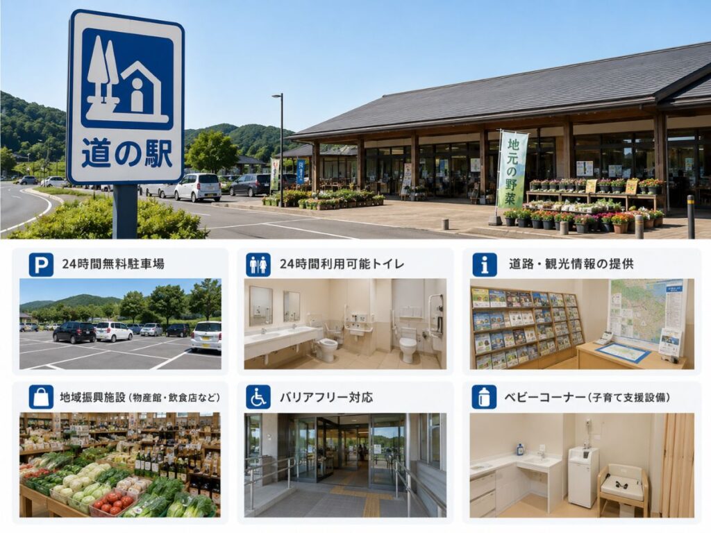 道の駅の登録要件（24時間利用できる駐車場やトイレ、情報提供施設など）をまとめた図