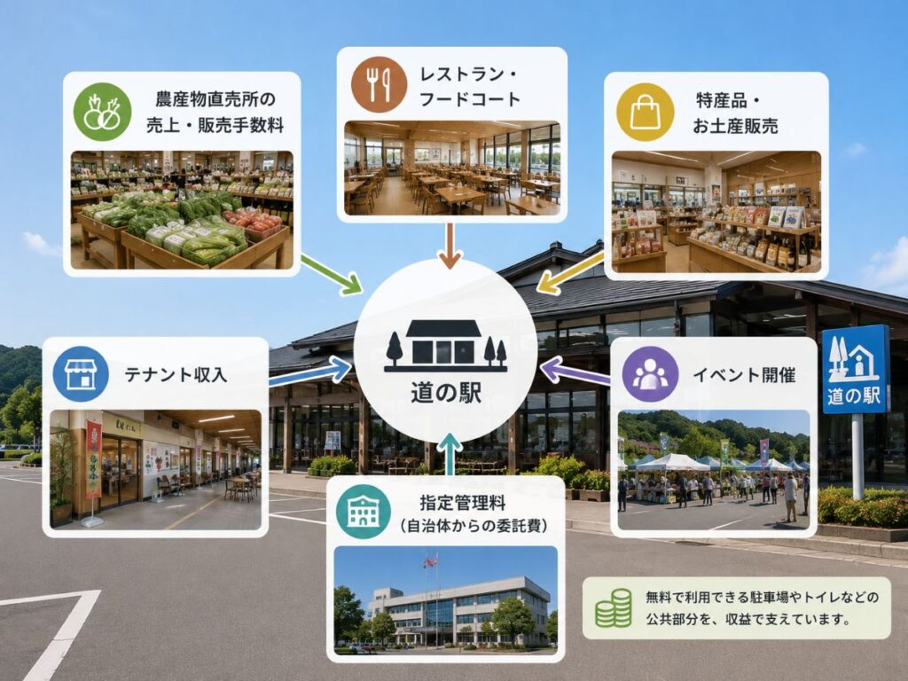 道の駅の主な収益源（直売所・飲食店・特産品販売・指定管理料など）をまとめた図