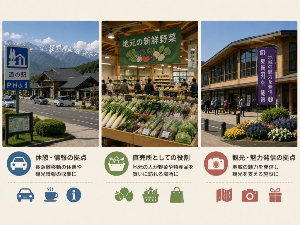 道の駅の役割を休憩・直売所・観光拠点の3つに分けて紹介した図