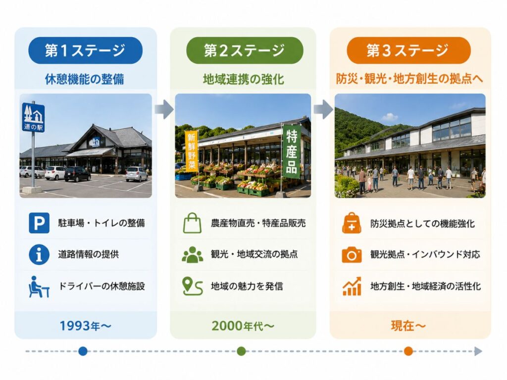 道の駅の第1ステージから第3ステージまでの役割の変化をまとめた図