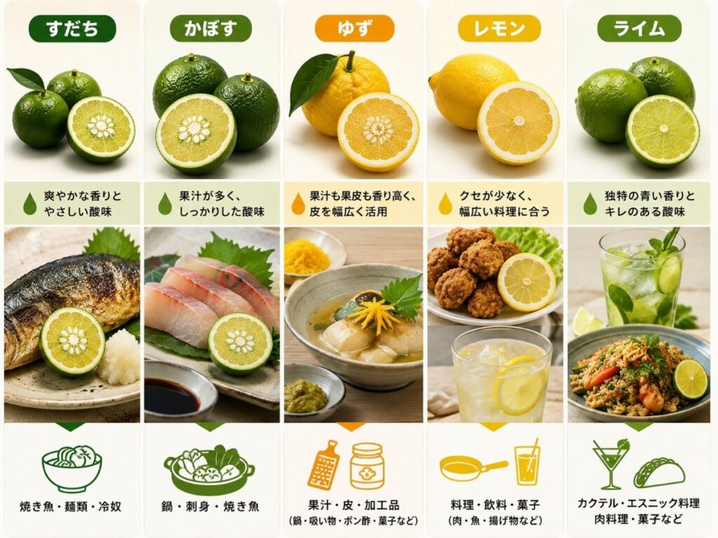 すだち・かぼす・ゆず・レモン・ライムに向く料理や使い方を比較した図