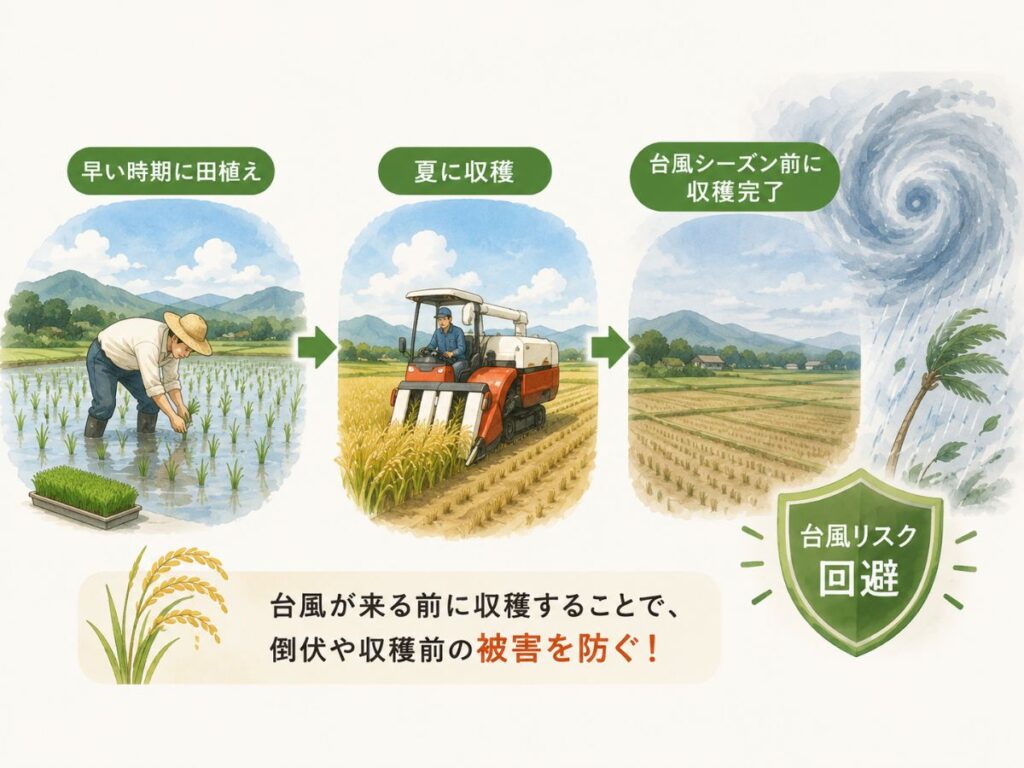 早い時期に田植えして夏に収穫し、台風シーズン前に収穫を終える早期水稲の仕組みを示した図