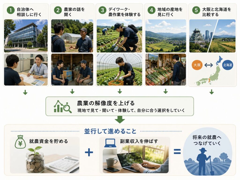 自治体相談・農家訪問・農業デイワーク・産地見学を通じて農業の解像度を上げる行動計画を示した図