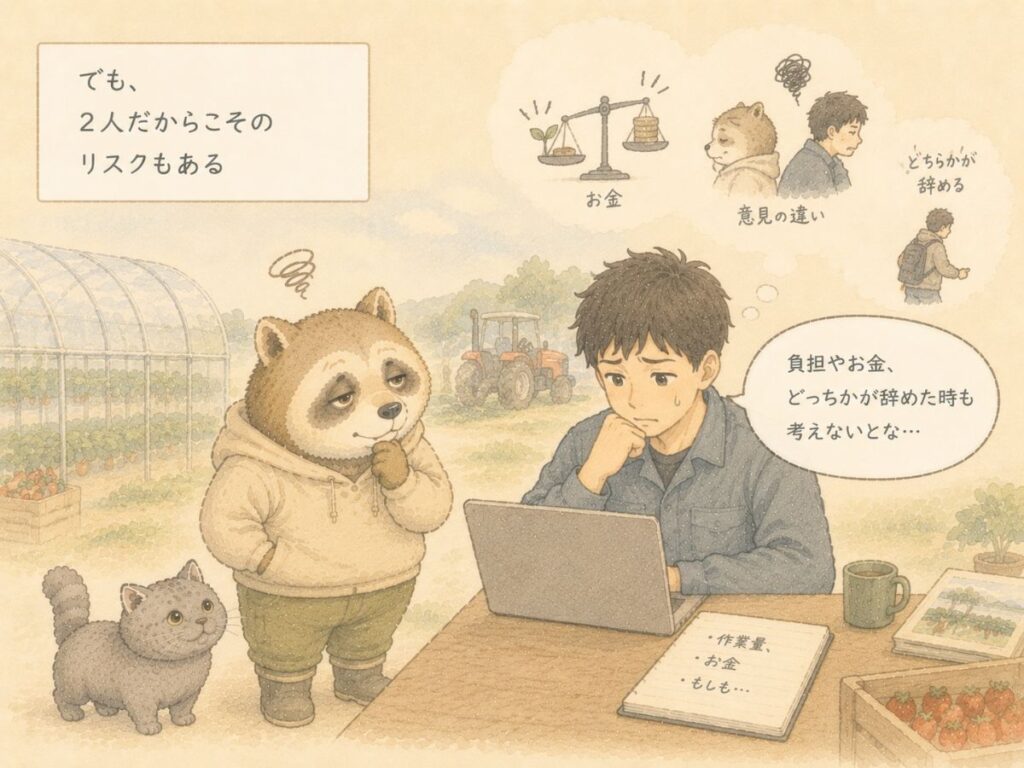 2人で農業をする場合の作業負担の偏りや離脱リスクを考える様子