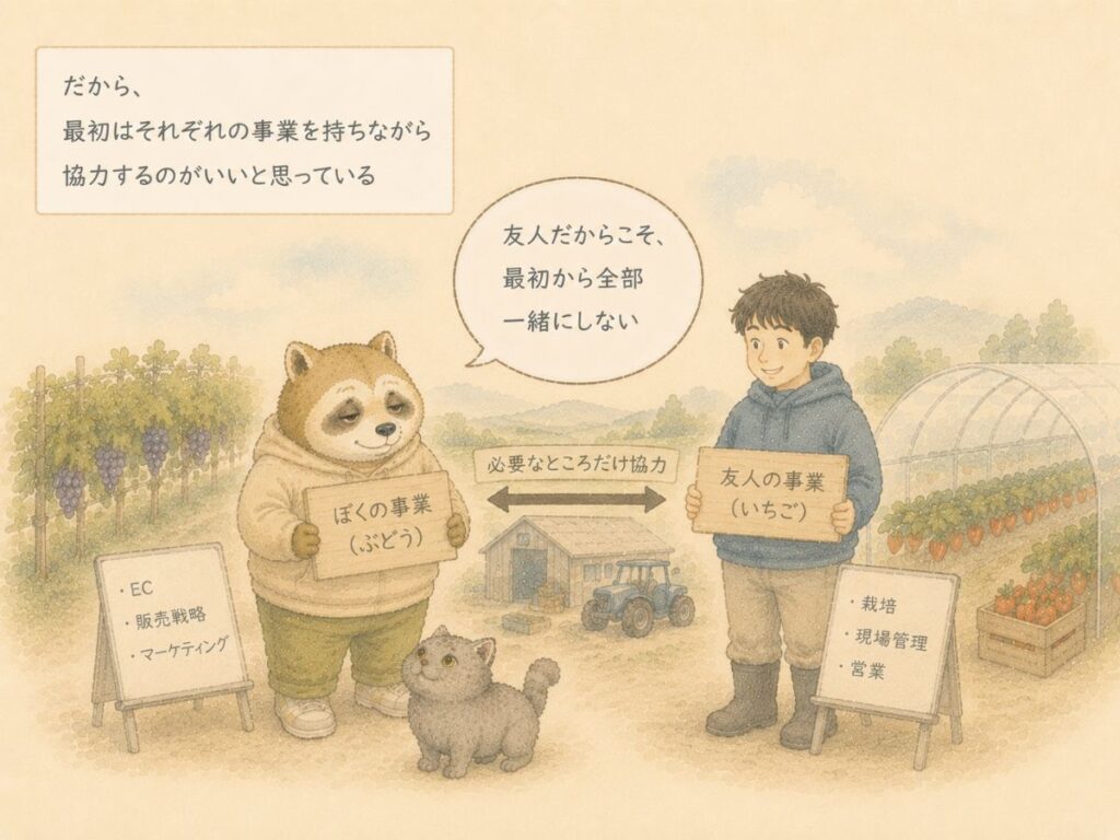 共同経営ではなく個人事業主2人で協力する形を考える様子