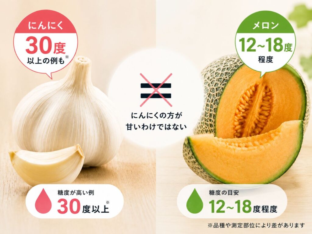 にんにくとメロンの糖度を比較し糖度が高くても甘いとは限らないことを示した図