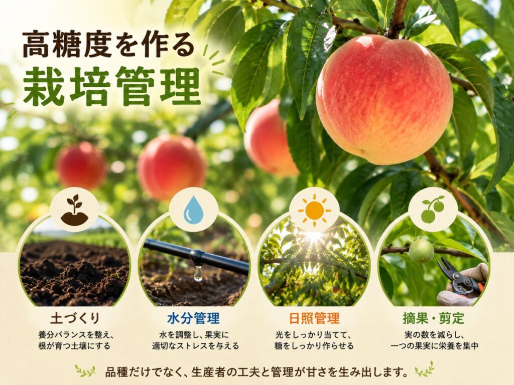 高糖度の果物を作るための土づくり・水分管理・日照管理・摘果や剪定をまとめた図