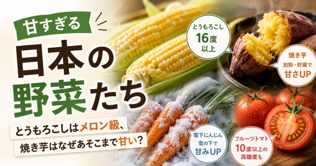 とうもろこし・焼き芋・雪下にんじん・フルーツトマトの甘さを紹介したアイキャッチ画像