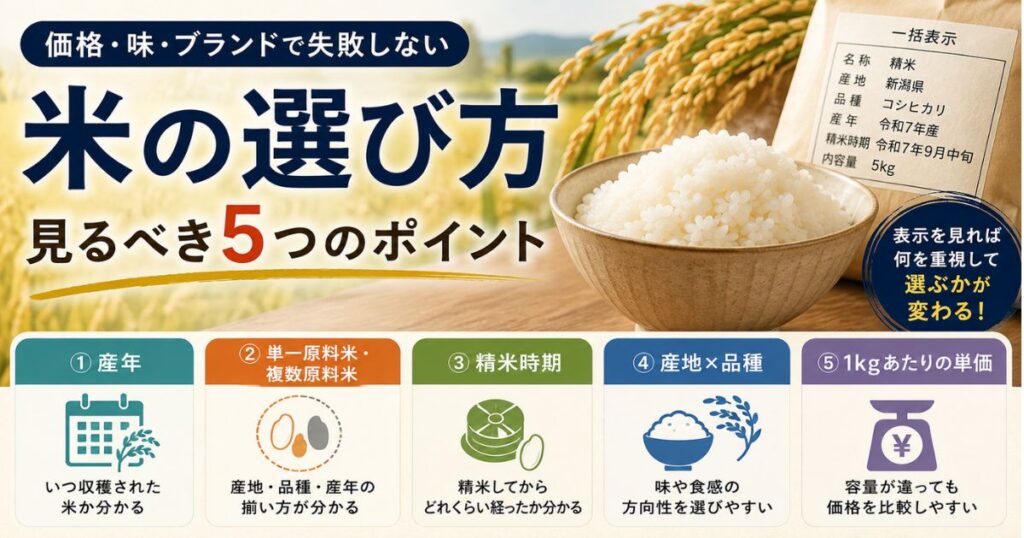 米の選び方を価格・味・ブランドの観点から解説する記事のアイキャッチ画像