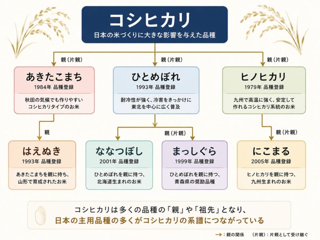 コシヒカリを親や祖先に持つあきたこまち・ひとめぼれ・ヒノヒカリ・はえぬき・ななつぼしなどの系譜図