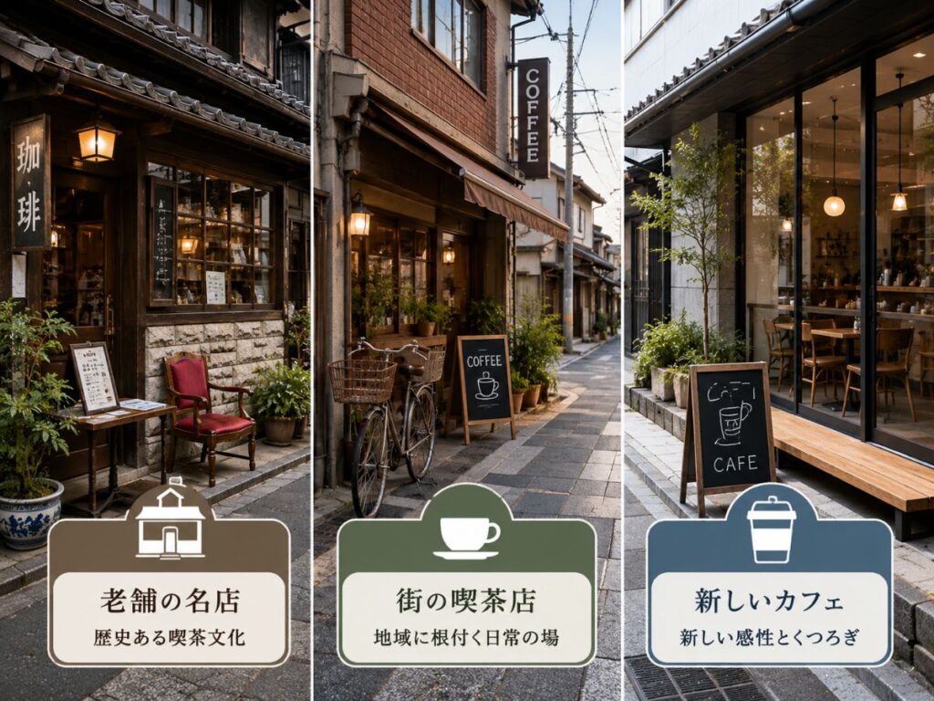 京都に共存する老舗喫茶・街の喫茶店・新しいカフェの3タイプを比較した図
