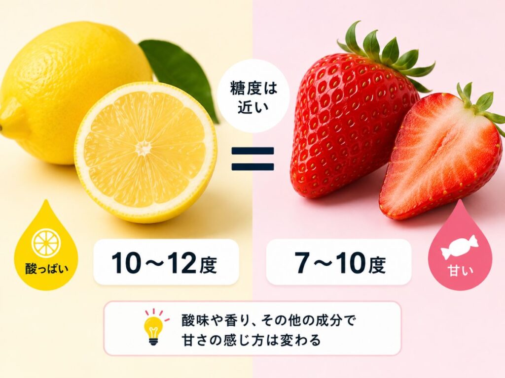 レモンといちごの糖度を比較し酸味によって甘さの感じ方が異なることを示した図