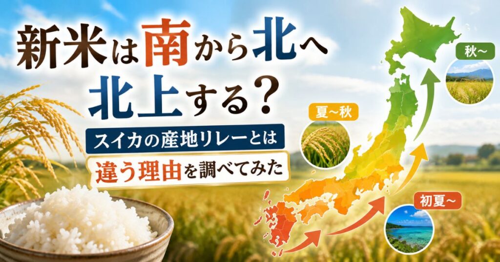 沖縄から北海道へ新米の収穫・出荷時期が北上する「新米前線」を表したアイキャッチ画像