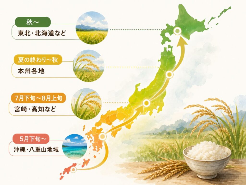 沖縄・八重山地域から宮崎・高知、本州、東北・北海道へ新米の登場時期が北上する流れを示した図