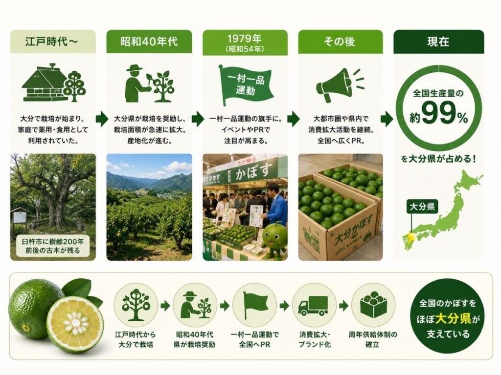 江戸時代から大分で栽培されたかぼすが産地化され全国生産量約99%に至る流れ