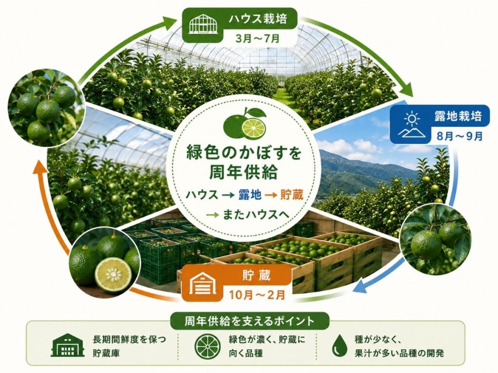 ハウス栽培・露地栽培・貯蔵をつないだ大分かぼすの周年供給の仕組み
