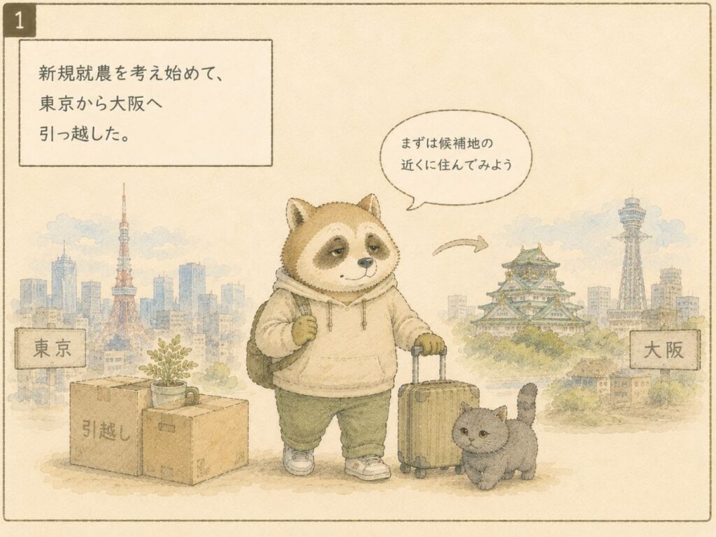 新規就農を考えて東京から大阪へ引っ越すアナグマと猫