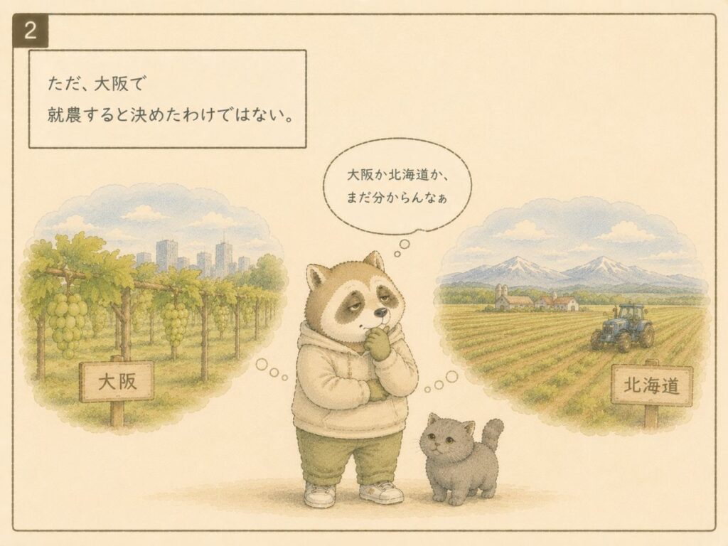 大阪と北海道のどちらで就農するか迷うアナグマと猫