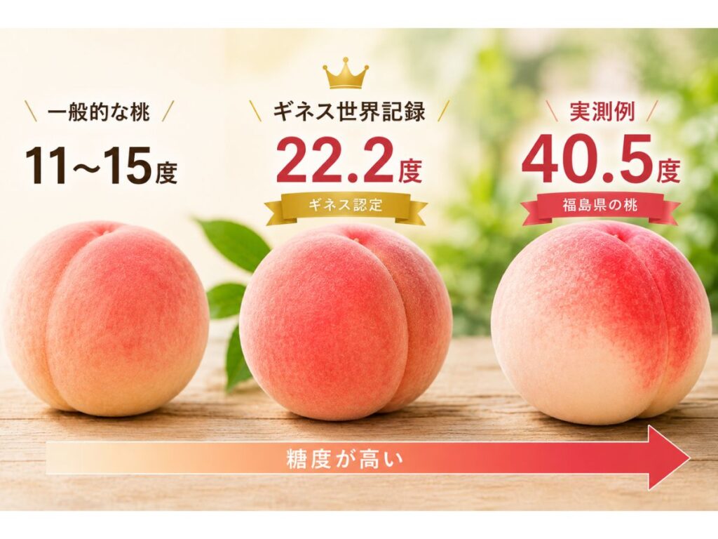一般的な桃とギネス世界記録22.2度、福島県の実測例40.5度の糖度を比較した図