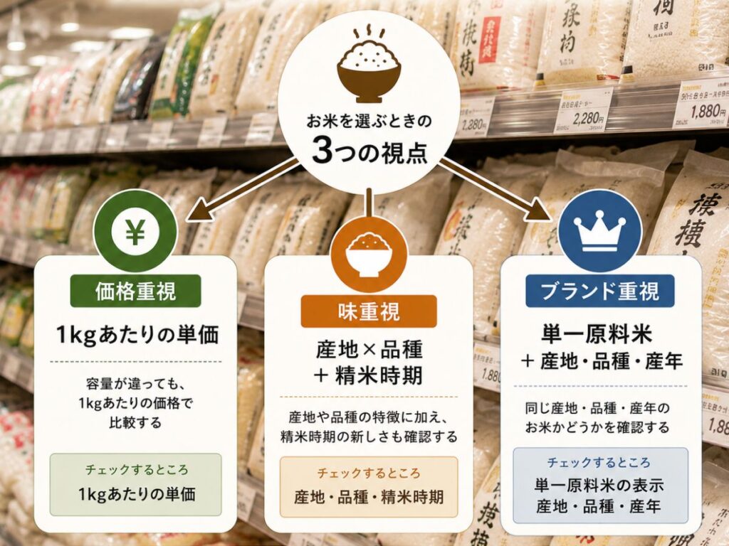 米を価格・味・ブランドの3つの視点で選ぶポイントをまとめた図