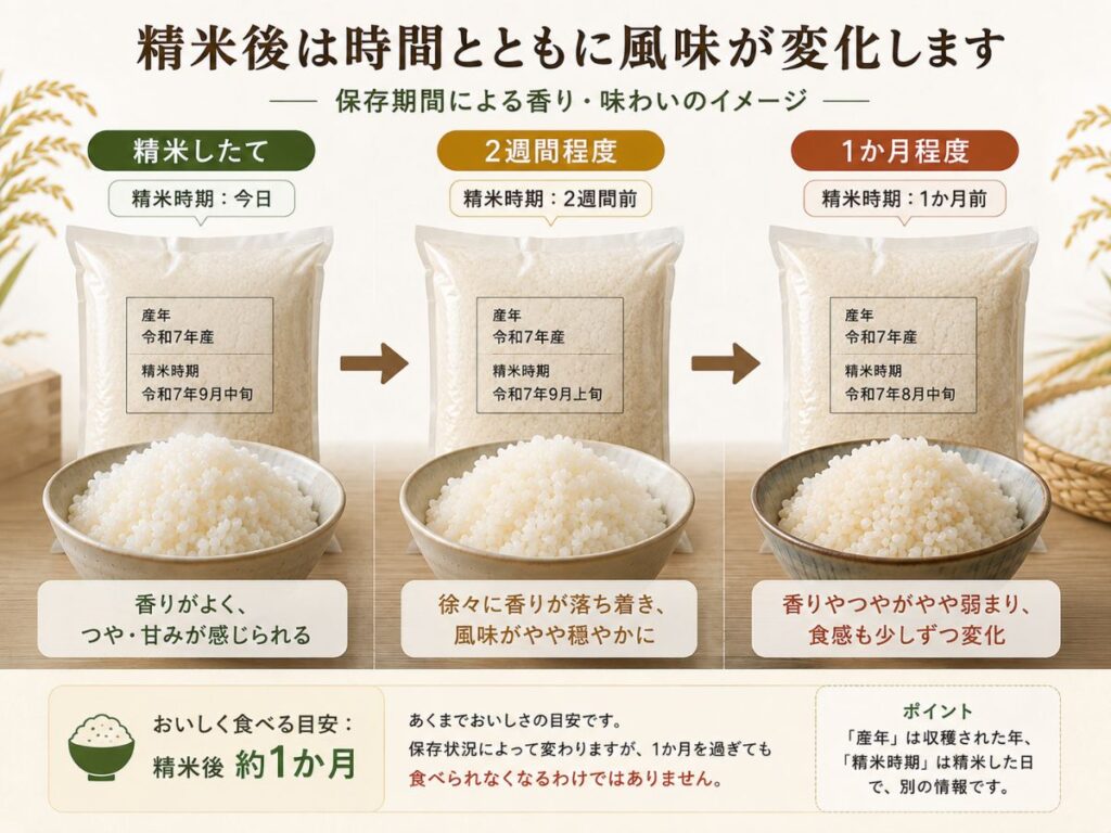 精米したてから2週間・1か月程度までの風味変化とおいしく食べる目安を示した図
