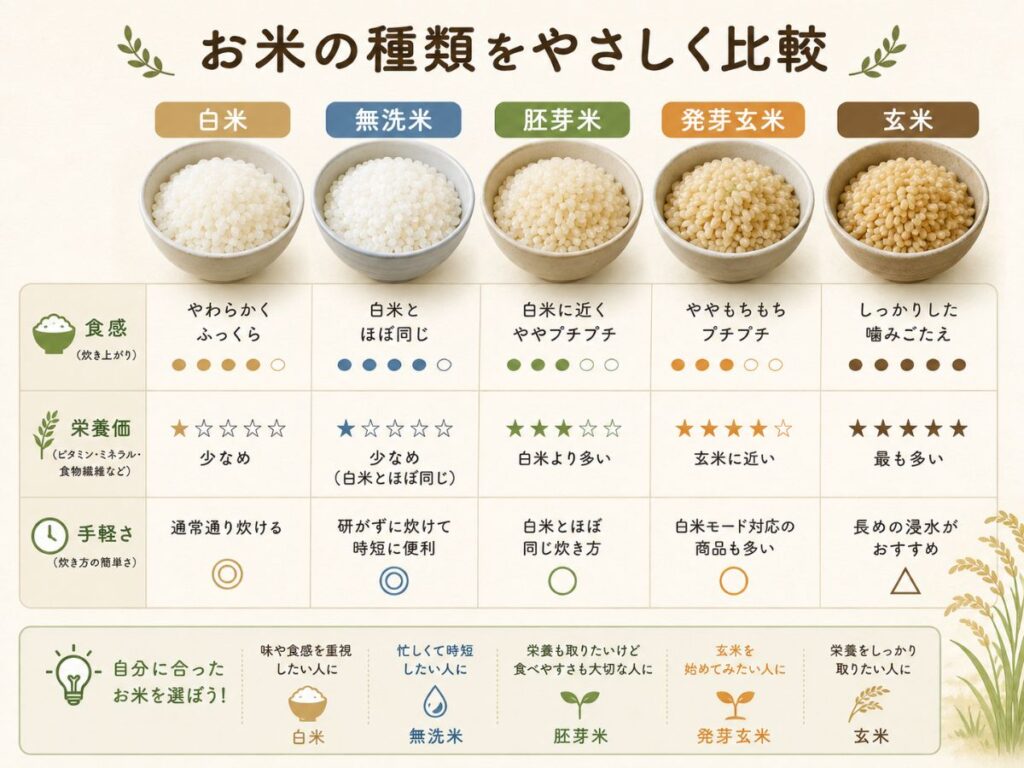 白米・無洗米・胚芽米・発芽玄米・玄米の食感や栄養、炊きやすさの違いを比較した図