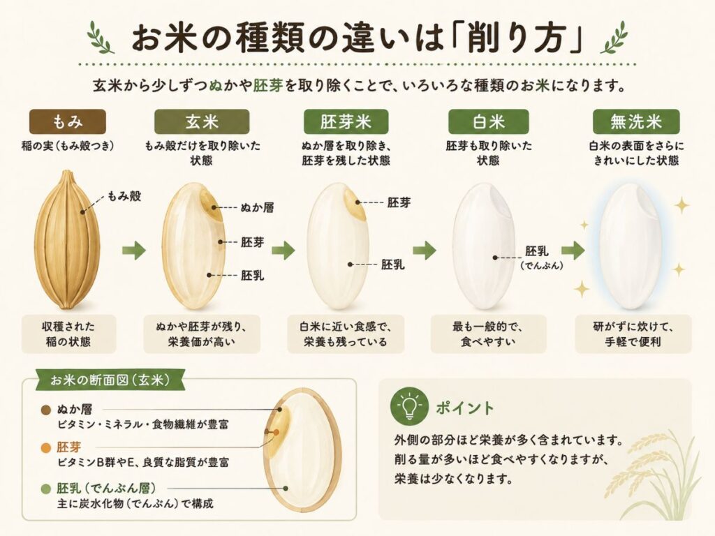 白米・無洗米・胚芽米・発芽玄米・玄米の食感や栄養、炊きやすさの違いを比較した図