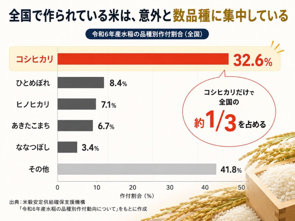 令和6年産の水稲作付割合をコシヒカリ・ひとめぼれ・ヒノヒカリ・あきたこまち・ななつぼしで比較した図