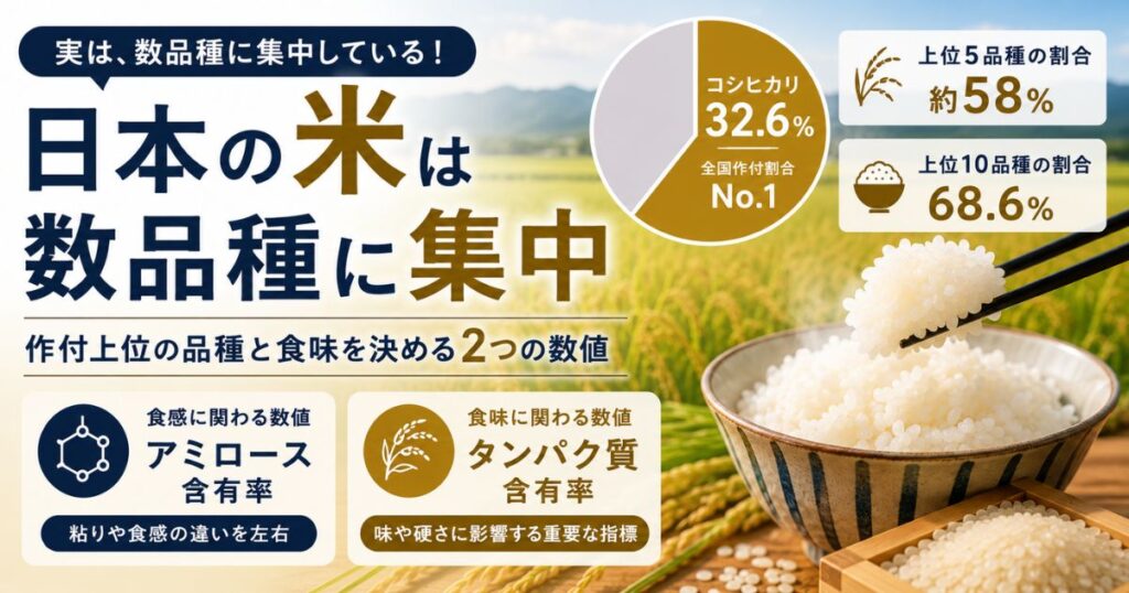 日本の米が数品種に集中していることとアミロース・タンパク質による食味の違いを紹介する画像