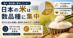 日本の米が数品種に集中していることとアミロース・タンパク質による食味の違いを紹介する画像