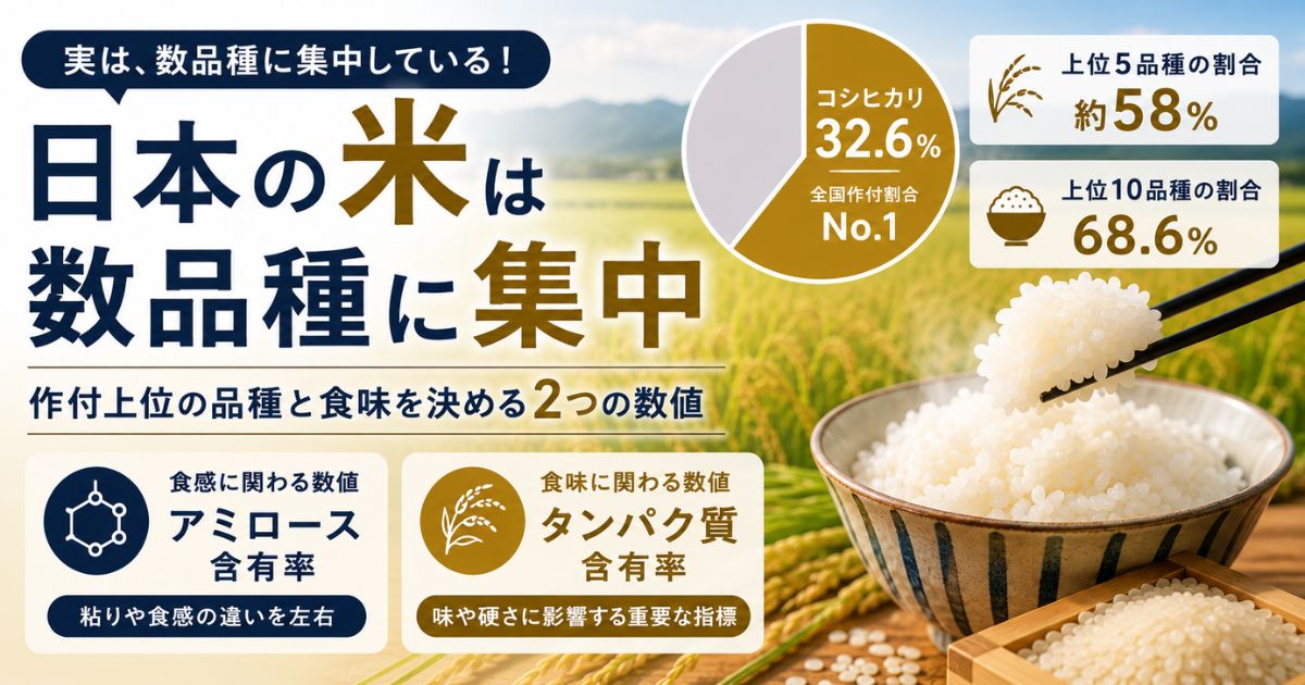 日本の米が数品種に集中していることとアミロース・タンパク質による食味の違いを紹介する画像
