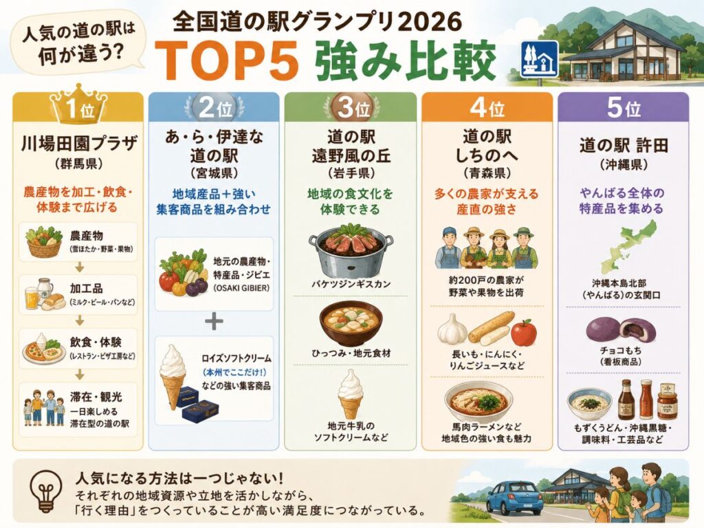 全国道の駅グランプリ2026のTOP5について、川場田園プラザ・あら伊達な道の駅・遠野風の丘・しちのへ・許田の強みを比較した図