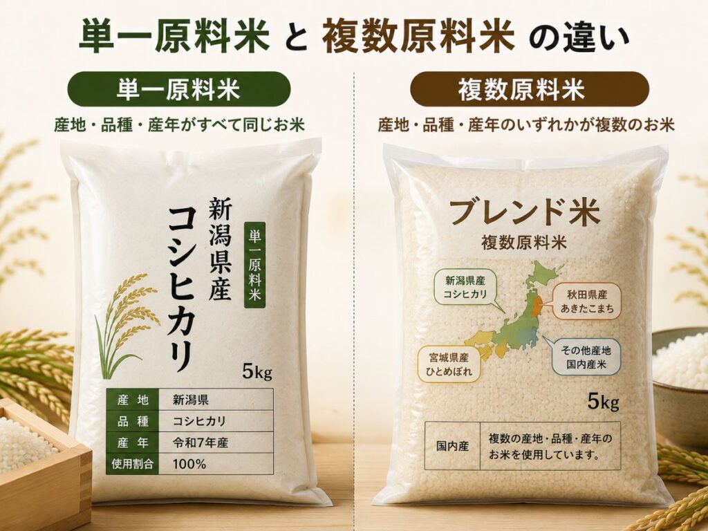 単一原料米と複数原料米の違いを産地・品種・産年の表示で比較した図
