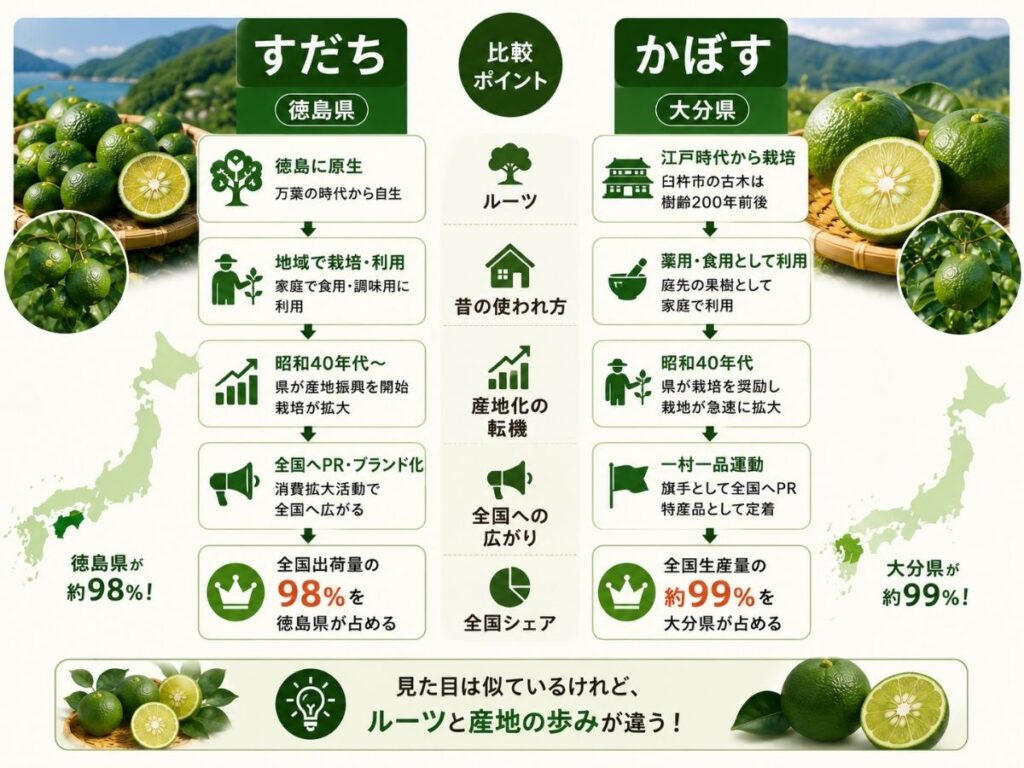 徳島のすだちと大分のかぼすのルーツや産地形成の違いを比較した図