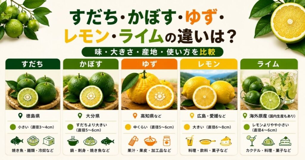 すだち・かぼす・ゆず・レモン・ライムの味・大きさ・産地・使い方の違い