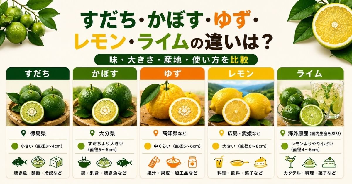 すだち・かぼす・ゆず・レモン・ライムの味・大きさ・産地・使い方の違い