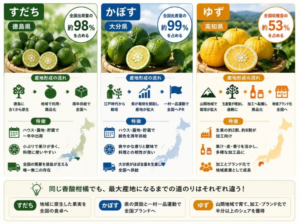 徳島のすだち・大分のかぼす・高知のゆずの産地形成と全国シェアの違い