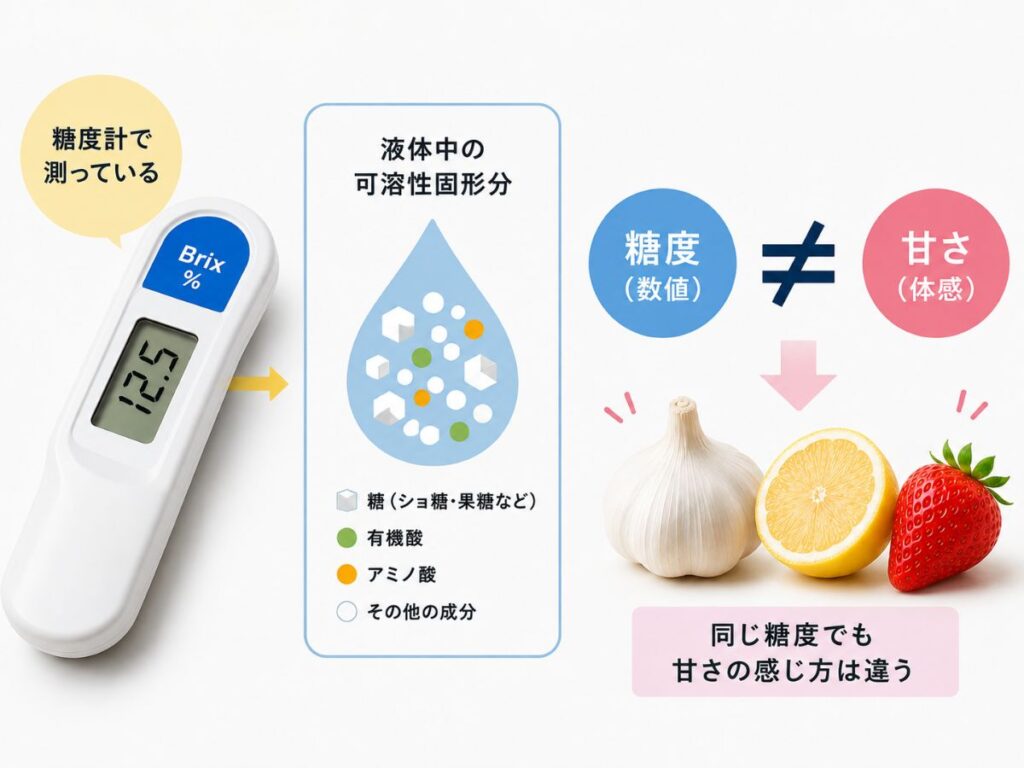糖度計が測る可溶性固形分と糖度・甘さの違いを示した図