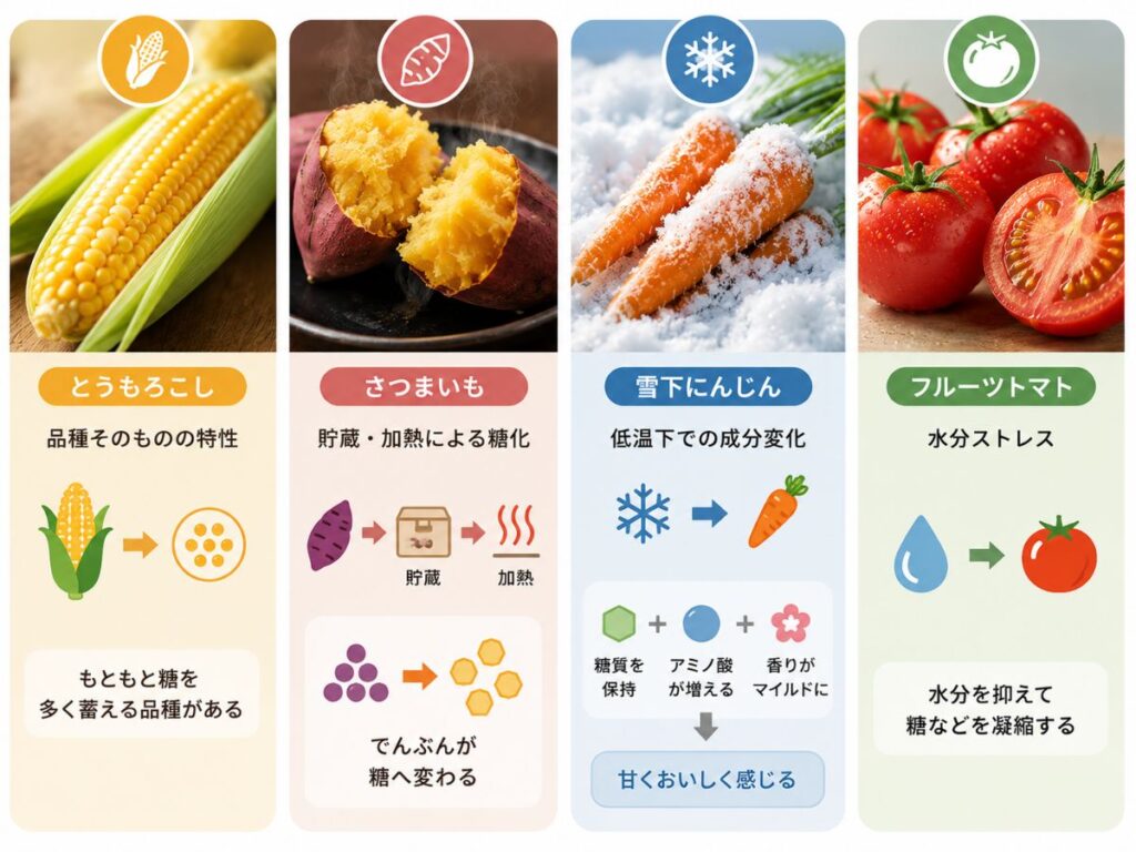 とうもろこし・さつまいも・雪下にんじん・フルーツトマトが甘くなる仕組みの比較図