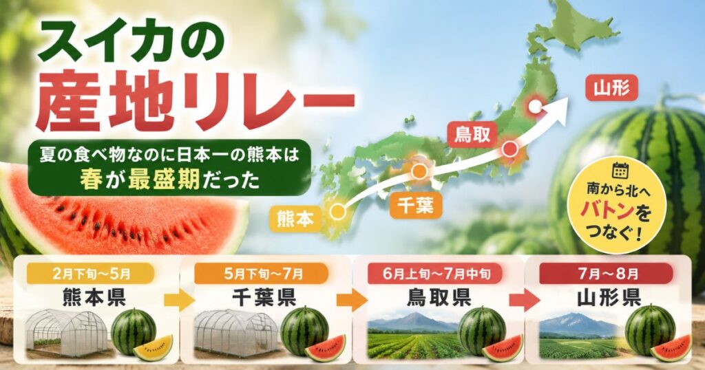 熊本から千葉・鳥取・山形へつながるスイカの産地リレーを示したアイキャッチ画像